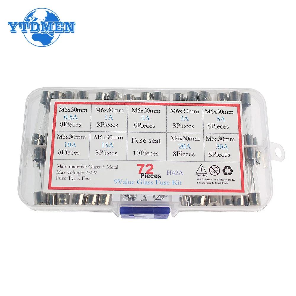 Набор предохранителей-трубок из стекла быстрого действия, 72 шт., 6x30 мм, стеклянные предохранители быстрого действия 250 В 0,5 А-30 А