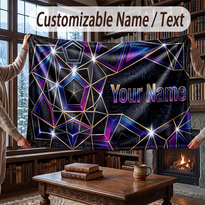 Abstract Geometric Theme Throw Blanket Custom Name Text Personalized Blanket Soft Cozy Blanket for Home Sofa Bed