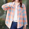 Retro Pink Orange Plaid Shirt Plain Tops Spring Autumn Lapel Long Sleeve Shirts Women Brushed Cotton Blouse Asian Size