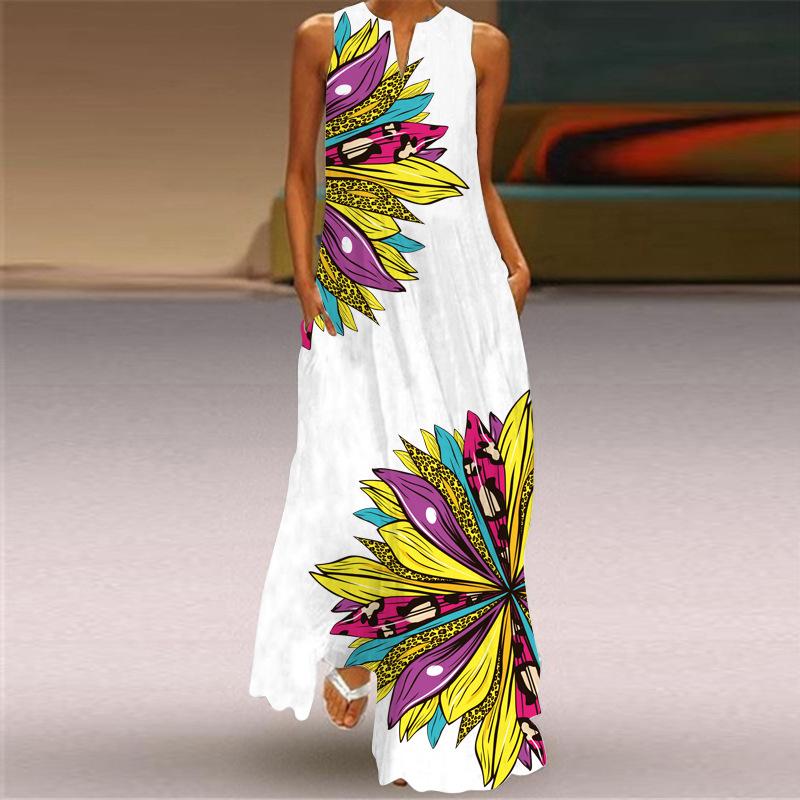 2026 new summer women's sleeveless long dress v-neck printed retro dress European and American women's clothing