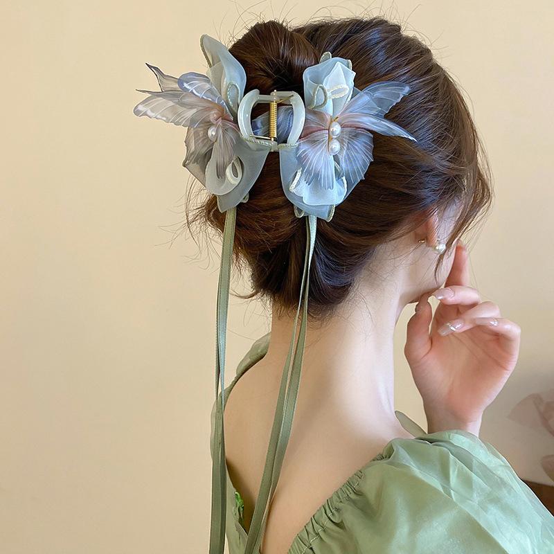 Длинная заколка для волос с кисточками и жемчугом в виде бабочки, бант, лента, большие заколки для волос в виде акулы для женщин, заколка для волос в виде конского хвоста, элегантный головной убор