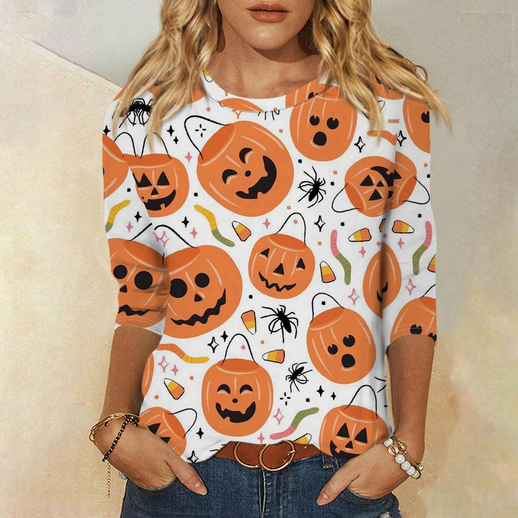 Женская модная повседневная свободная футболка с круглым вырезом и рукавами 3/4 на Хэллоуин, женский топ