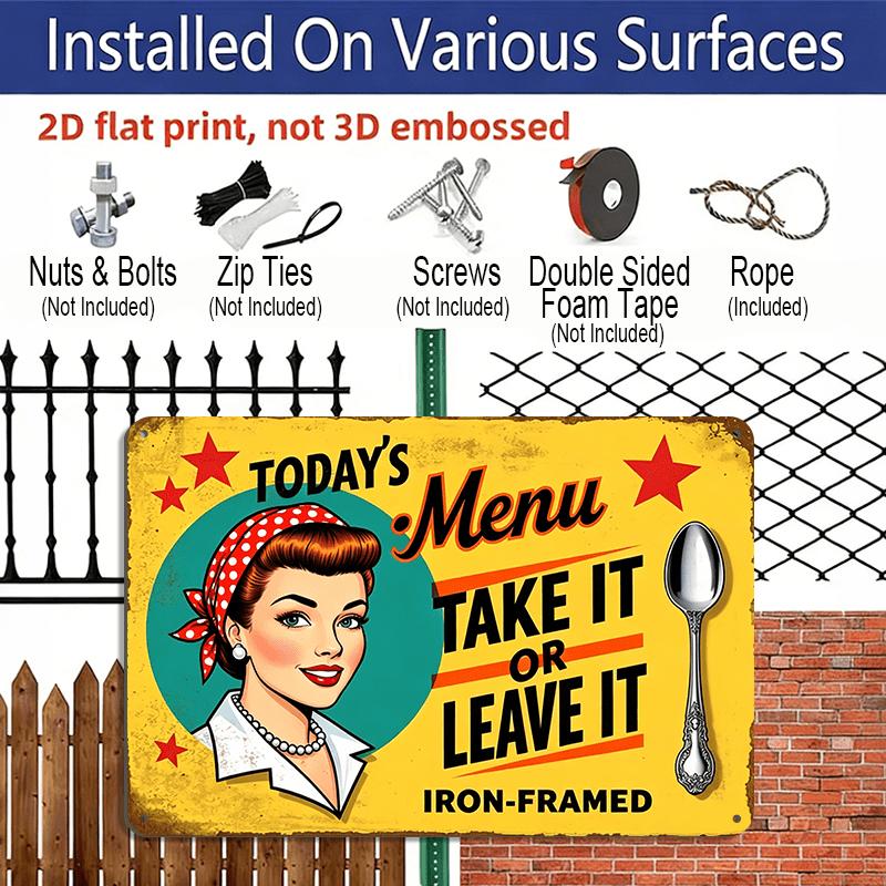 2D Flat 1pc of Retro Vintage Aluminum Sign Featuring Today'S Menu with A Take It or Leave It Theme, Framed in Aluminum and Adorned with A Woman and
