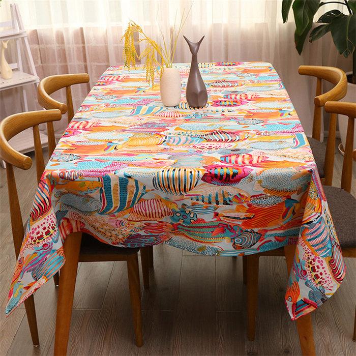 Thicken Cotton Linen Tablecloth Blue Mediterranean Cartoon Colorful Tropical Fish Ocean Cover Table Cloth for Wedding Tea Table