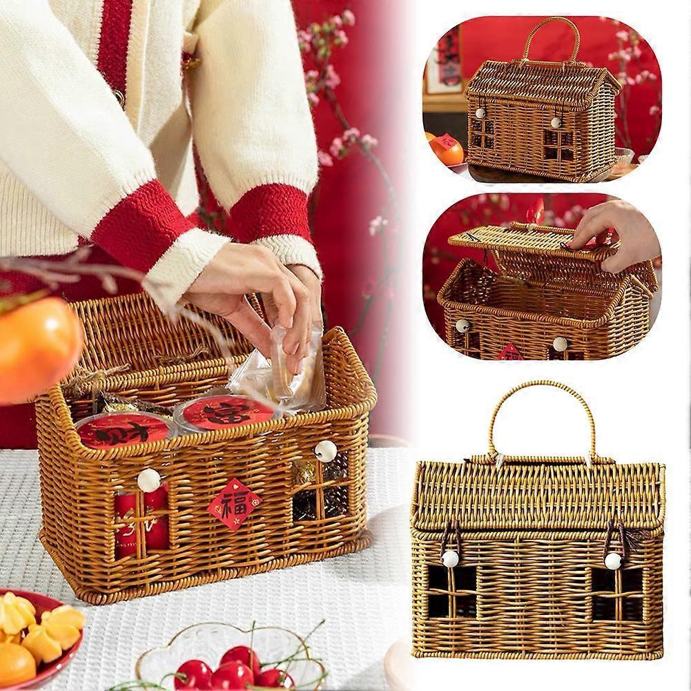 Handwoven Creative Small House Rattan Picnic Storage Basket Wedding Bridesmaid Handheld Gift Box