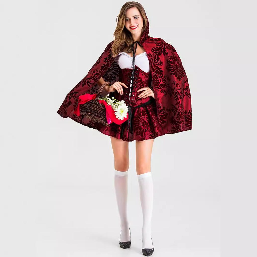 CosplayS-XL Halloween Gothic print Little Red Riding Hood costume, medieval cape vampire COS party outfit
