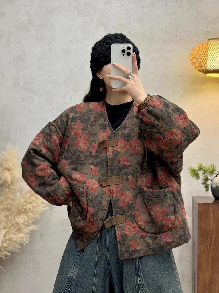 Johnature V-Neck Print Vintage Niche Single Breasted Woman Winter Loose Long Sleeves Coats