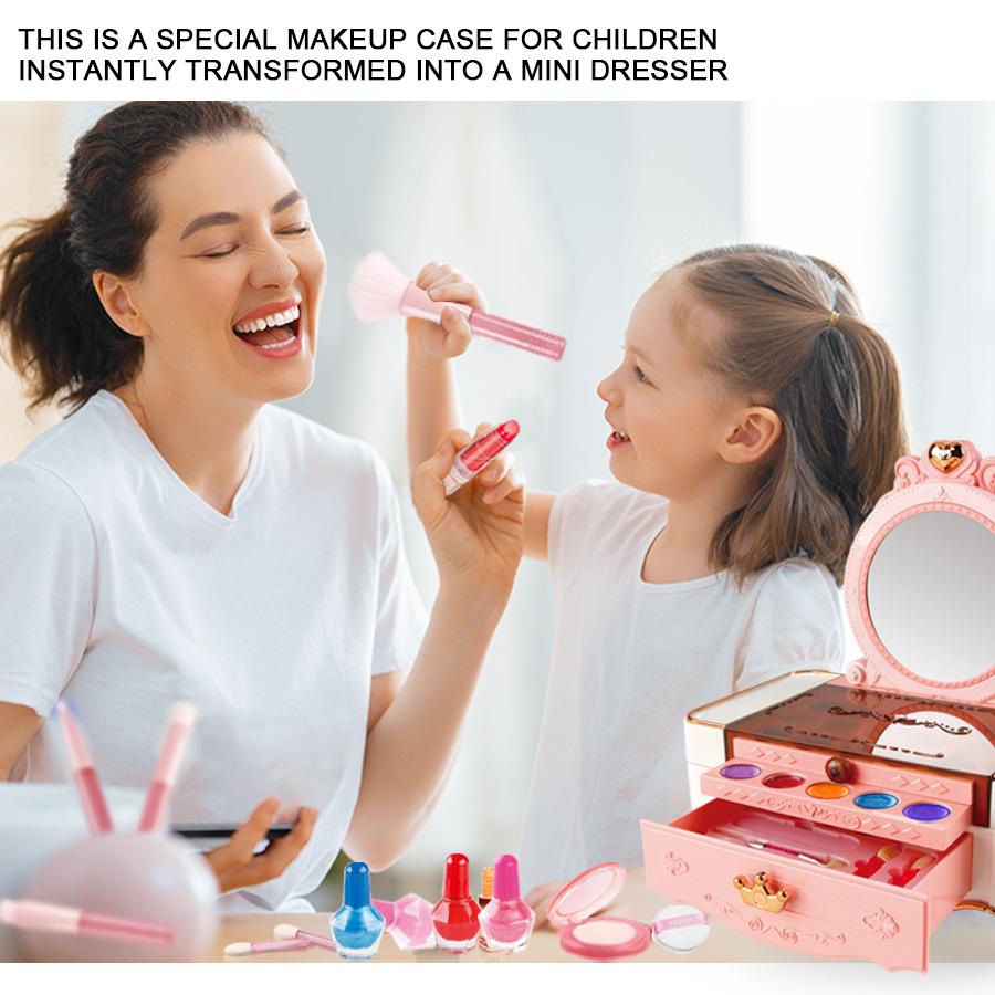 49 Pcs Dresser Kids Makeup Kit for Girls, Dressing Table Princess Real Washable Pretend Play Cosmetic Set Toys with Mirror, Non-