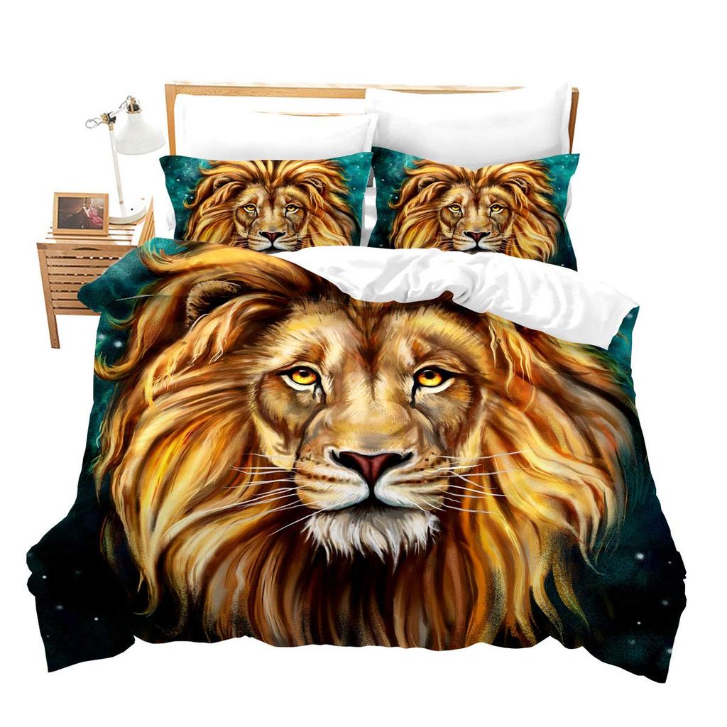 Lion Rose Duvet Cover Set Full Size,Animal Floral Comforter Cover Nature Theme Design Bedding Set,Modern Brown Lion Quilt Cover