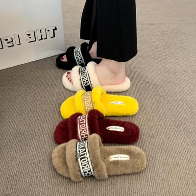 Женские пушистые шлепанцы без каблука на осень/зиму 2025 - на одной лямке, с дизайном в виде букв, универсальный корейский стиль, теплая уличная обувь (США)