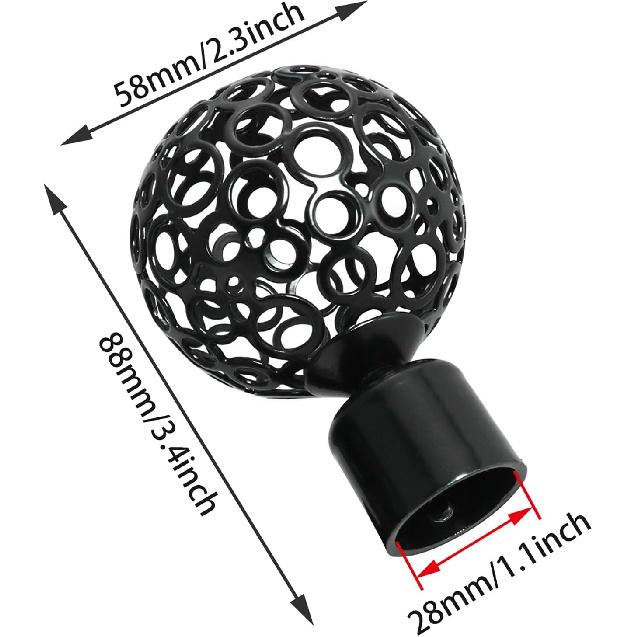 2PCS Skeletonized Curtain Rod End Cap Plugs, 1.1 inch I.D., Black Metal, Wall Mounted, Living Room, Bedroom, Bathroom, Dining Room, Kitchen