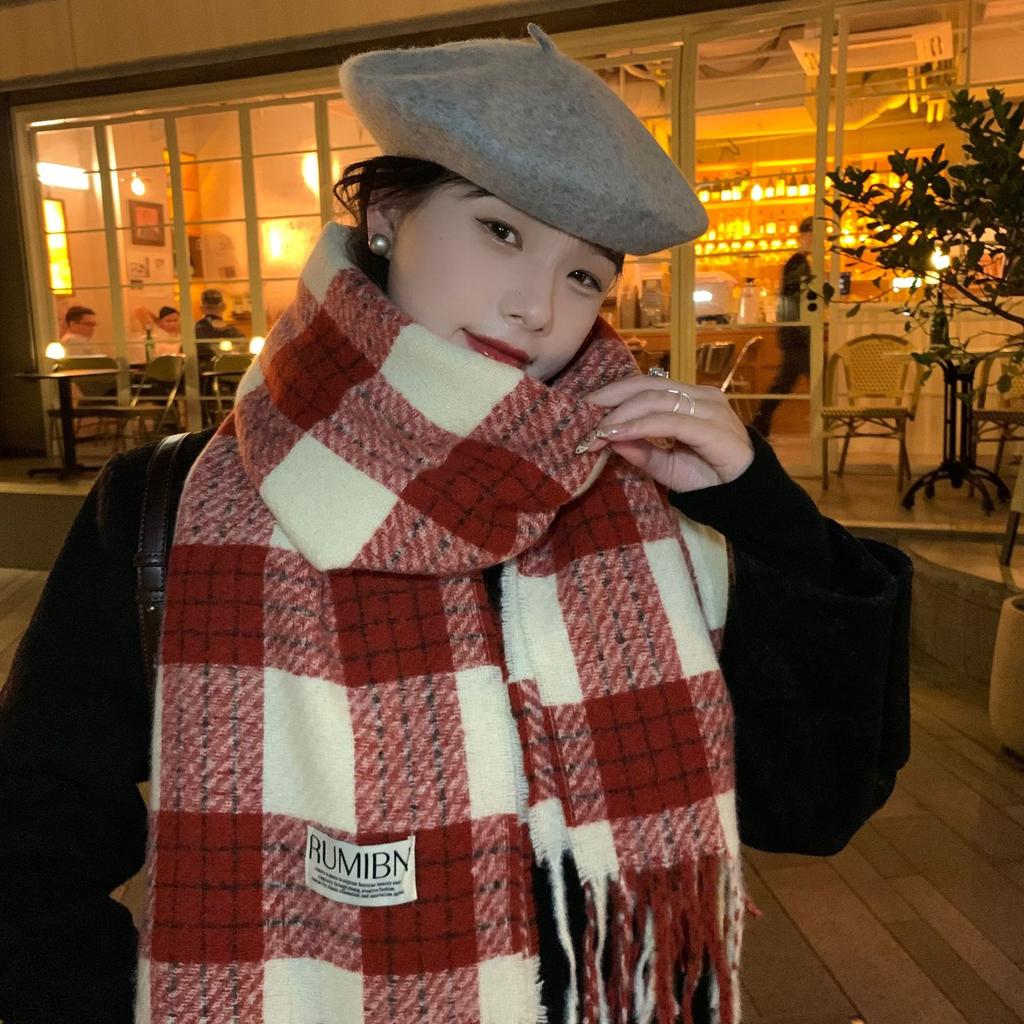 Red Plaid Scarf Autumn and Winter Women's Korean Style Atmosphere Scarf Plush Shawl Outer Wear New High End Feel