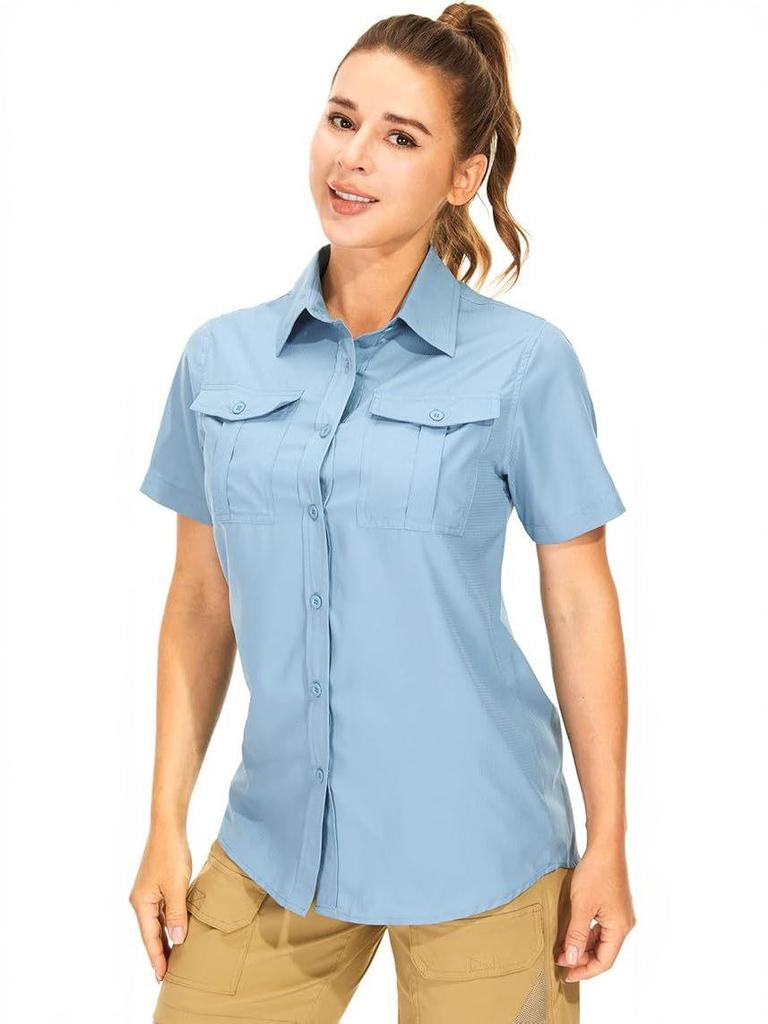 Женская летняя рубашка 2026 с коротким рукавом, быстросохнущая - Однотонная, с нагрудным карманом, дышащая, повседневная, для активного отдыха, европейский и американский стиль
