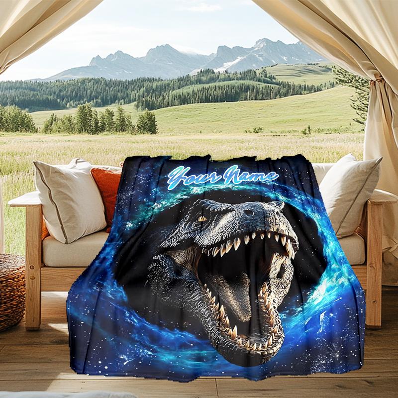 1PC Custom Name "Galactic Dinosaur Roar" outdooor Flannel blankets Patterns Throw Blanket All-Season Soft Gift for Couch, Bed, Camping gifts