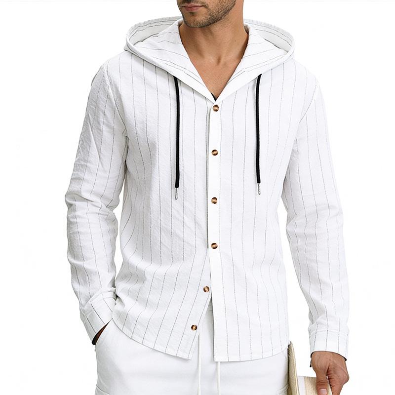 Men Striped Hooded Long Sleeve Button-Up Shirt