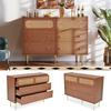Spacious Countertop Kitchen Cupboard with 2 Rattan Doors 3 Drawers Metal Legs Ergonomic Handle Coffee Bar Storage Cabinet Dining Room Furniture