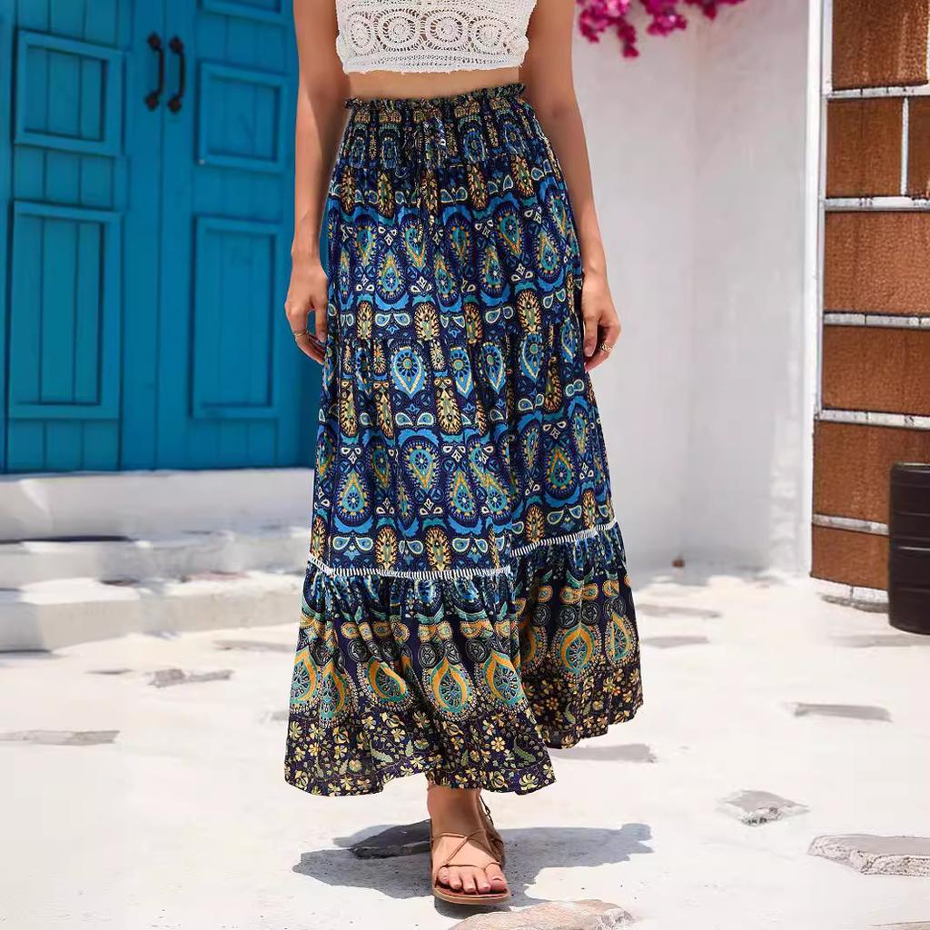 Women's Elastic Waist Maxi Skirt Loose Fit Boho Printed Long Skirt Tiered RAYON 100% Beach Vacation Flowy Midi Skirt