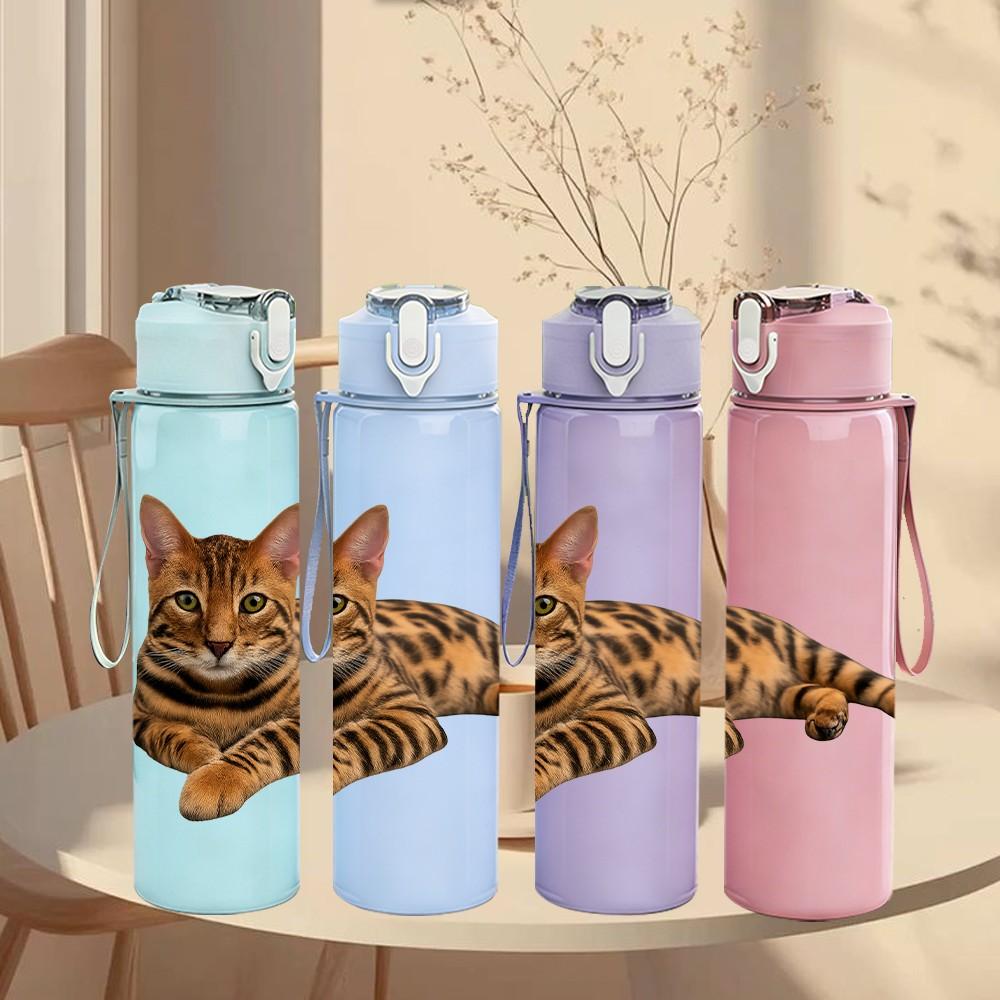 1PC Lying Tabby Tiger Cat 750ml Color Plastic Sports Water Bottle Leakproof Flip Straw Lid Suitable for Sports Office Home Use