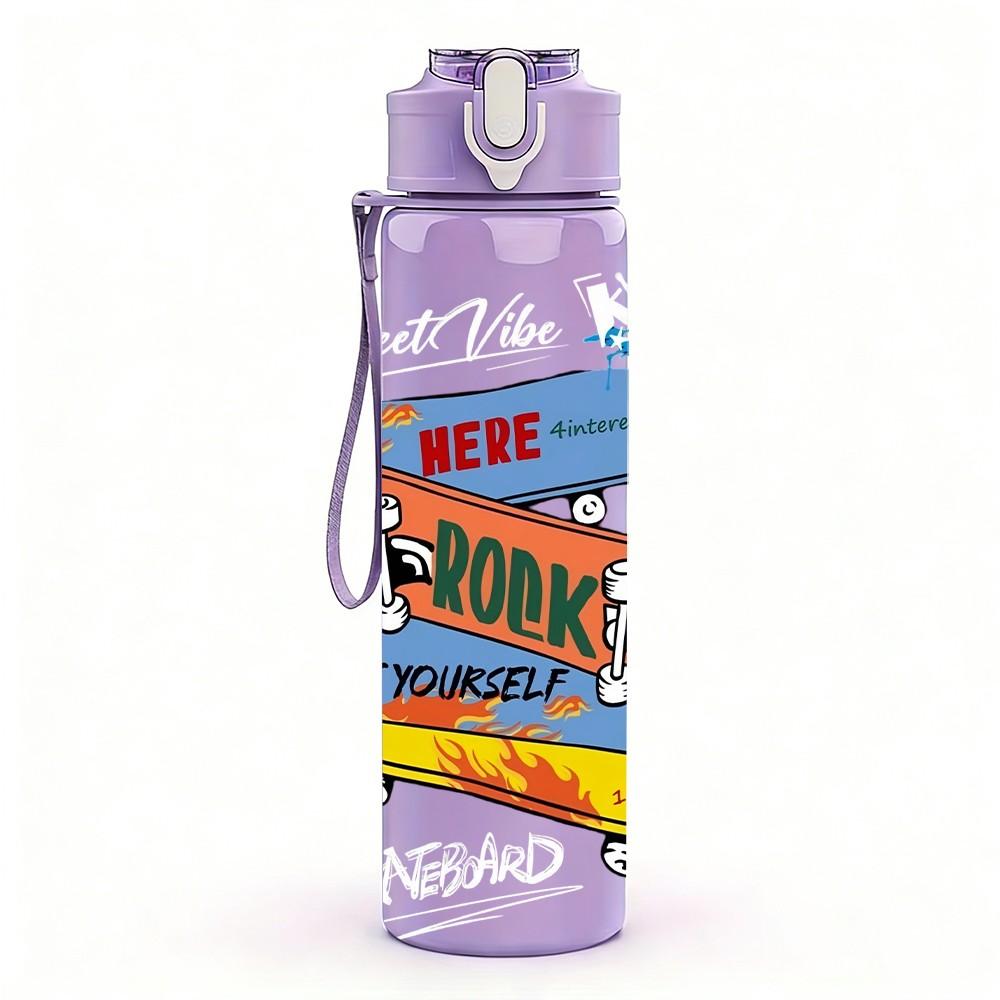1PC Stacked Skateboard Retro Skate Culture Art 750ml Color Plastic Sports Water Bottle Leakproof Flip Straw Lid Suitable for Sports Office Home Use