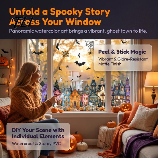 Easy Apply Glass Clings Halloween Window Clings, Pumpkins Skeletons Ghosts And Bats Print Decorative Decals, Electrostatic PVC Static