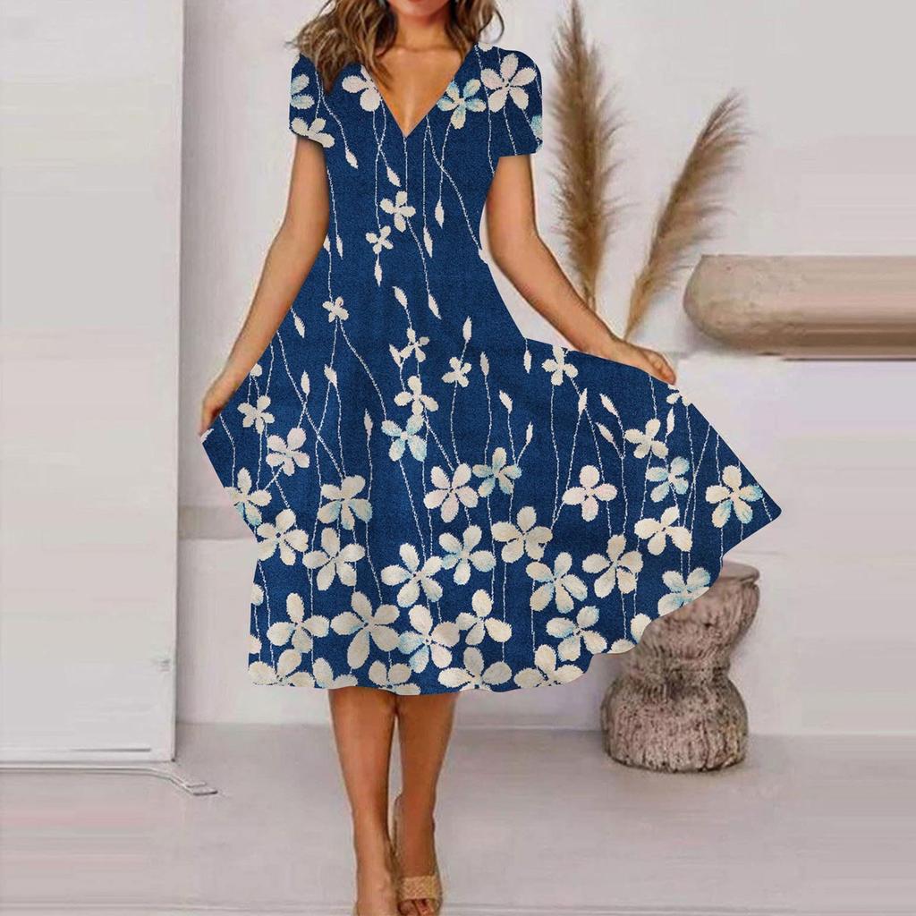 Women's Summer Casual Floral Print Short Sleeve Swing Dress