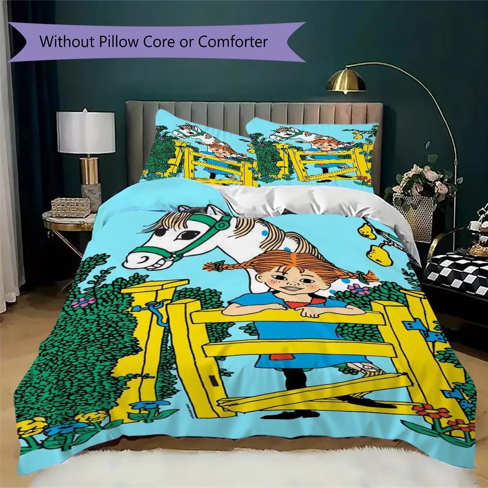Pippi Langstrumpf Pattern Bedding uilt Set uilt Cover Pillowcase Home Decoration Birthday Gift (1*duvet cover + 2*pillowcase without core)