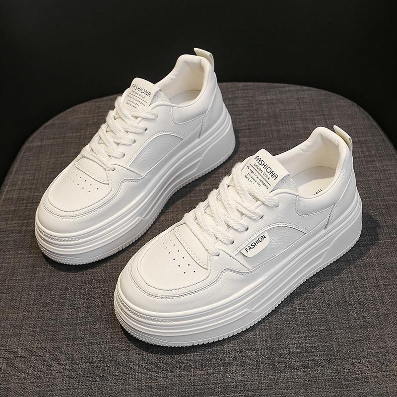 Leather Little White Shoes Women's 2025 Spring New Popular Muffin Shoes Women's Shoes Thick Sole Heightening Casual Sports Board Shoes