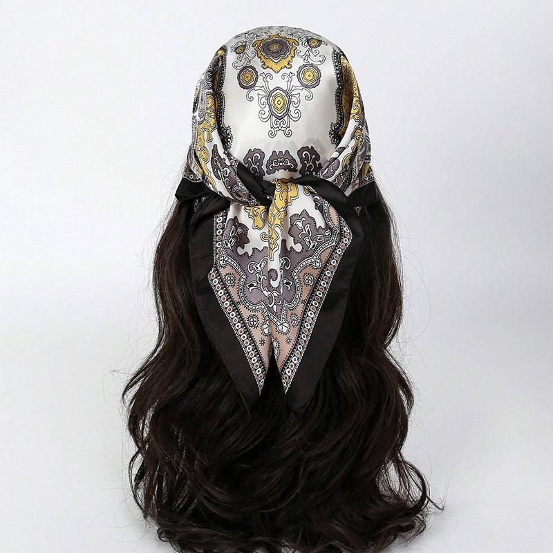 70cm Square Retro Print Silk Scarf Casual Elegant Thin Breathable Neck Women Hijab Wrap Head Wrap Hair Scarves