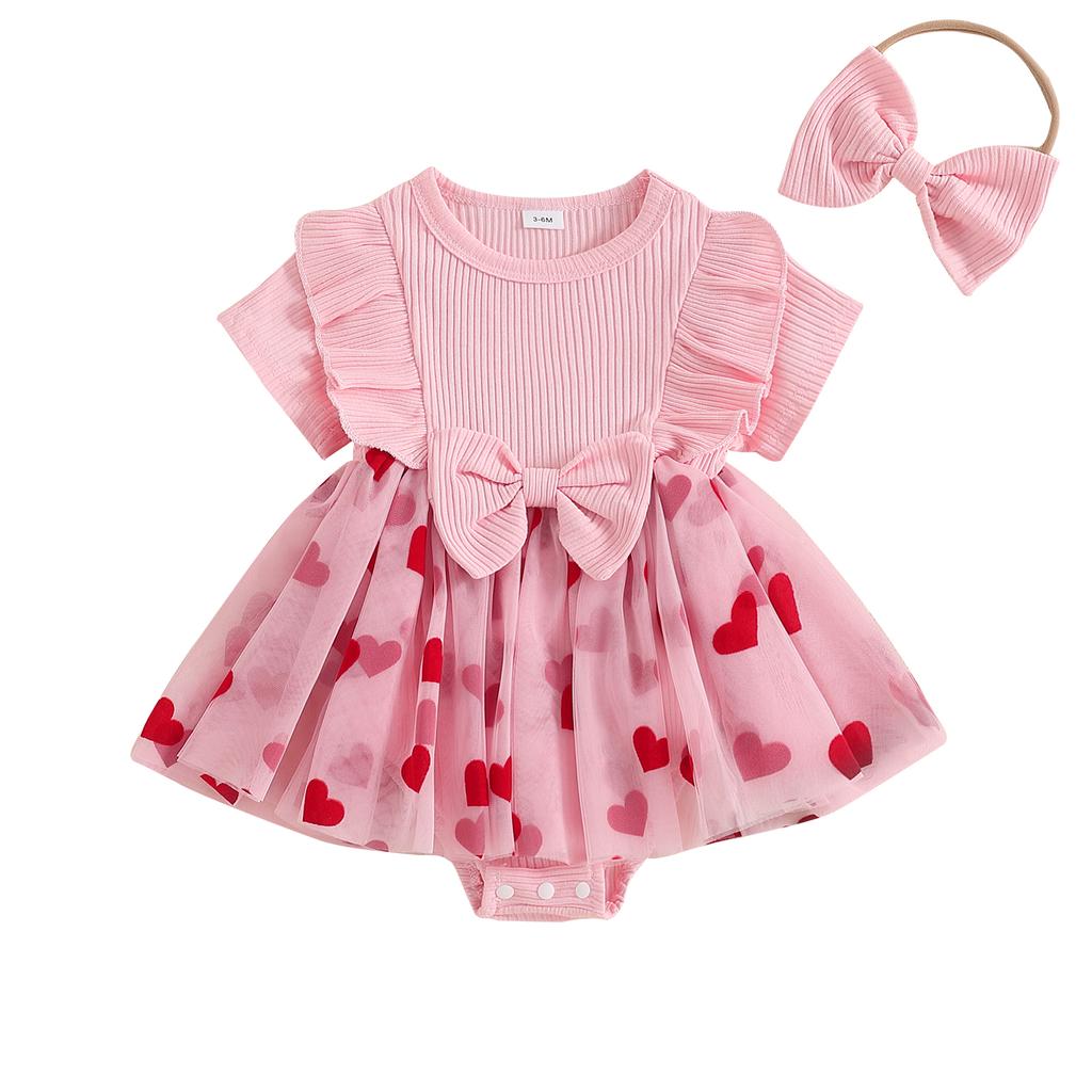 Baby Girl Valentines Day Romper Dress Short Sleeve Heart Print Tulle Skirt Jumpsuit with Bow Headband