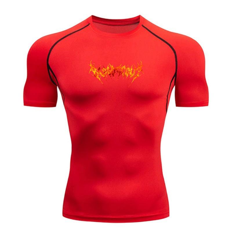 Men's Quick Dry Compression Workout T-Shirt, Spike Fire Flame Printed Athletic Top for Gym Running Training Sports Activewear