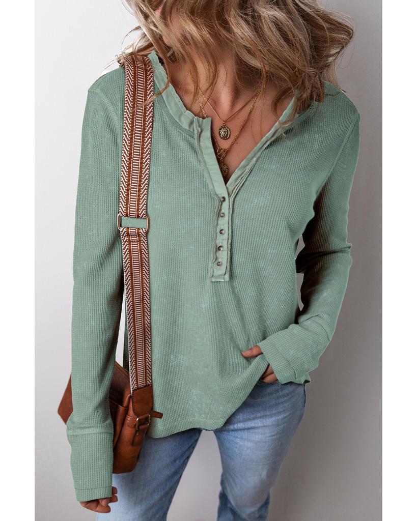 Azura Exchange Дымчато-зеленый кислотный стираный вафельный трикотажный топ с длинными рукавами и застегивающимся на пуговицы вырезом горловины