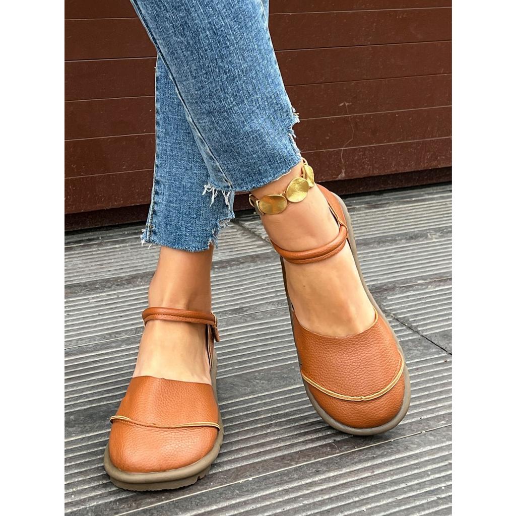 Ladies Mary Jane Flat Dance Lace Adjustable Velcro Closure - Round Head Casual Shoes, Comfortable Brown Single Shoes for All Seasons, Daily Dressing