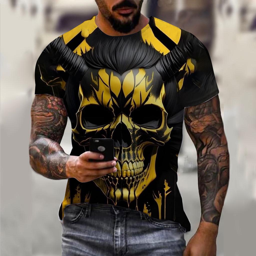 Summer Round Neck 3D Horror Skull Print Top Fashionable Casual Short Sleeved Men's T-shirts