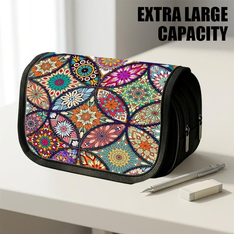 1pc Double Layer Flip Pencil Case, Colorful Mandala Pattern, Large Capacity, Portable Polyester Pen Storage Bag with Zipper Closure, Ideal for School