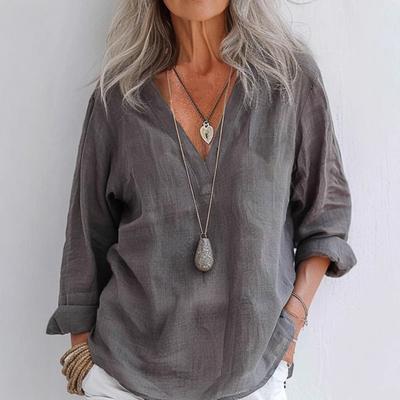 Женская рубашка с V-образным вырезом и длинным рукавом, однотонный пуловер, свободный крой