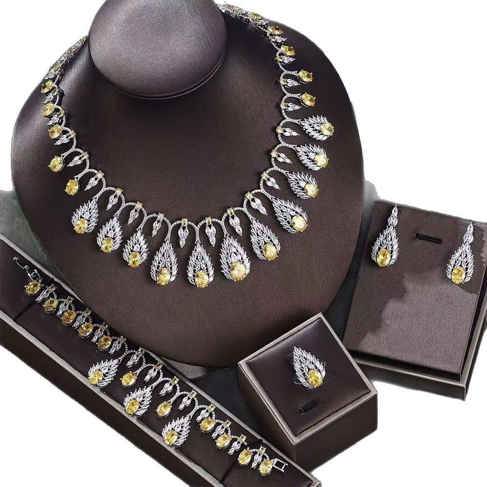 Light Luxury Bright Full Diamond Special-shaped Colored Zircon Dinner Dress Set Necklace Earrings Spot