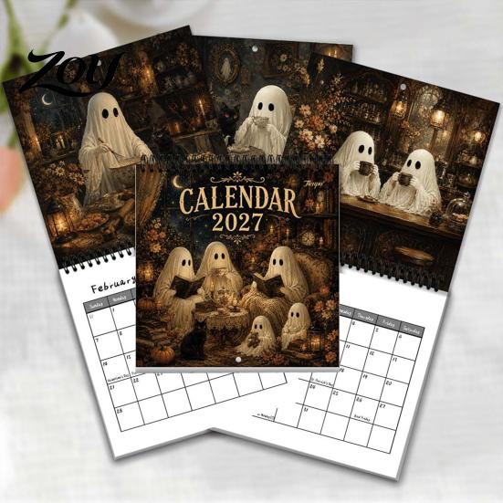 Personalized Holiday Gift Ghost Wall Calendar 2027, Retro Illustration Monthly Planner with Sturdy Coil Artistic Binding And Thick Matte Paper