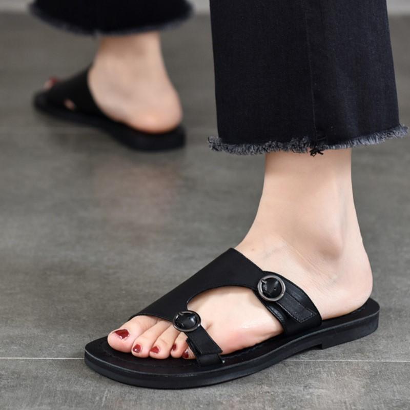 Johnature Retro Genuine Leather Flat Slippers Round Toe Solid Colors Soft Sole Women Outdoor Slides