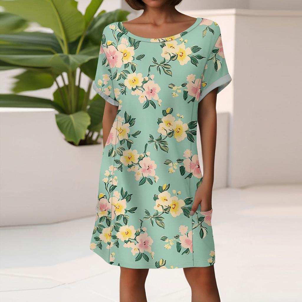 Women's Fashion Short Sleeve Dress With Pockets Floral Print Casual Beach Dress