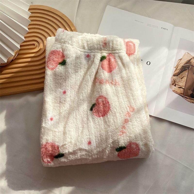 Женские пижамные брюки из кораллового флиса с принтом персика и медведя 2025 - Теплые, утолщенные, повседневная домашняя одежда для осени/зимы