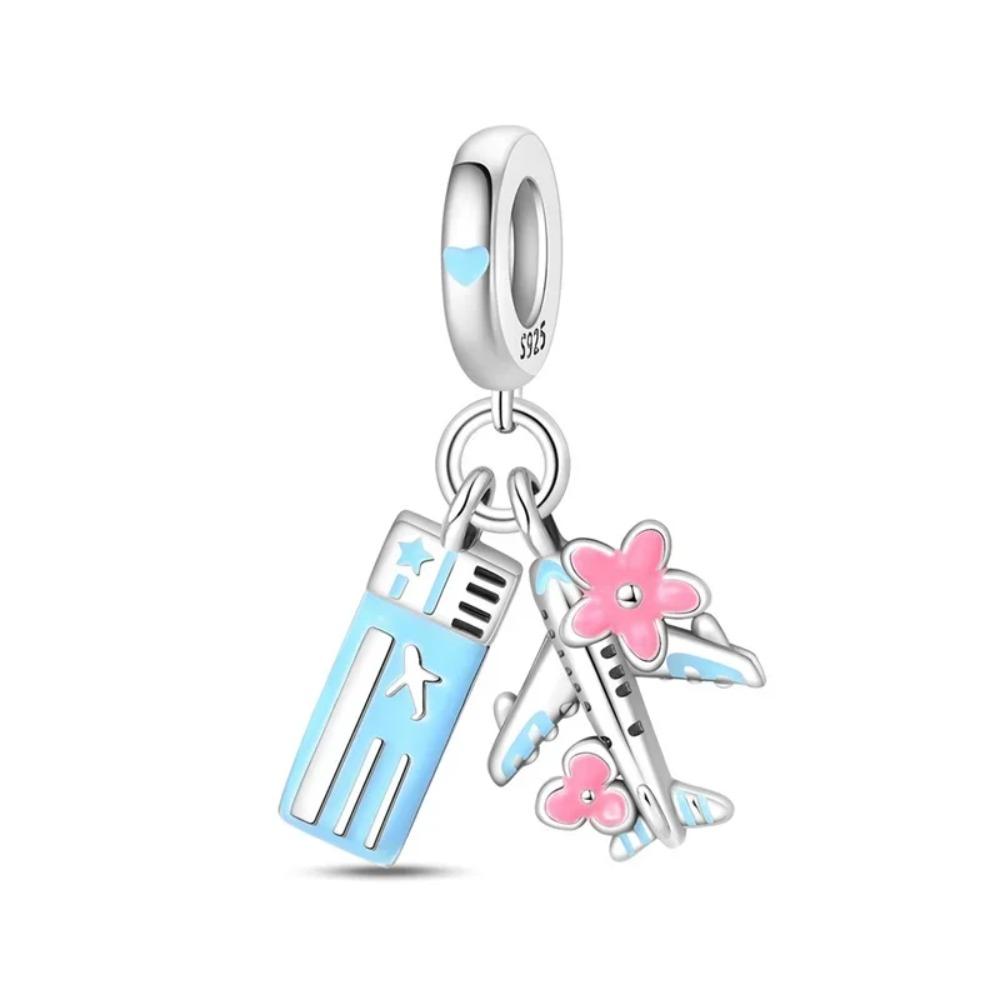 925 Silver Pink Blossom Dangle Charm Butterfly Heart Flower Rose Bird Bead For DIY Necklace Bracelet Fine Jewellery