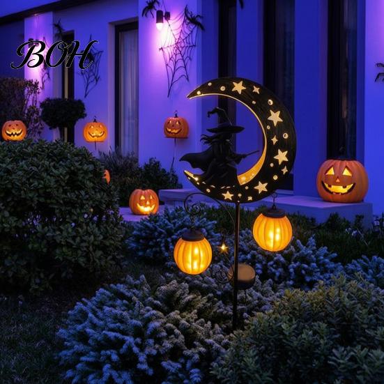 Spooky Pathway Markers for Parties Solar Halloween Witch Pumpkin Moon Garden Stake Light, Waterproof on Crescent Lights with Lantern, Outdoor LED Yard