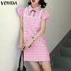 VONDA Summer Women Lapel Neck Sleeveless Plaid Print Casual Loose Dress Sundress