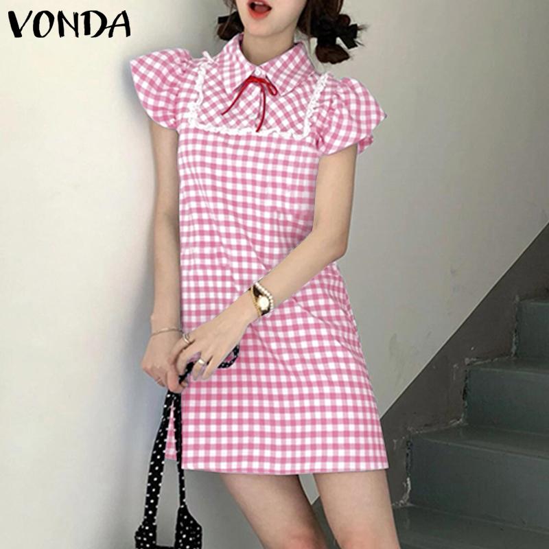 VONDA Summer Women Lapel Neck Sleeveless Plaid Print Casual Loose Dress Sundress