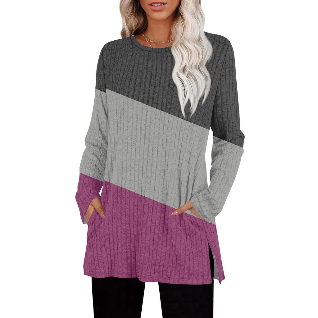 Женские свитера с круглым вырезом, рубашки с длинным рукавом и карманами, осенние наряды, модная зимняя одежда, боковой разрез