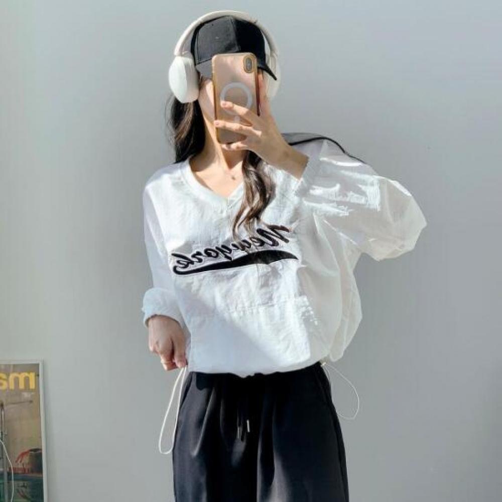 New ArriValS Open Run Women S AuTumn LeTTering Boxy V Neck Long SleeVe T ShirT