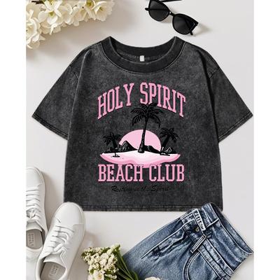 Женские выстиранные приталенные футболки с принтом кокосовой пальмы Holy Spirit Beach Club, хлопковая летняя футболка с круглым вырезом, мягкая одежда, топ