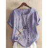 Women's Summer Fashion Casual Linen Shirt Round Neck Printing T-shirt Short Sleeve Tops Loose Blouse XS-5XL