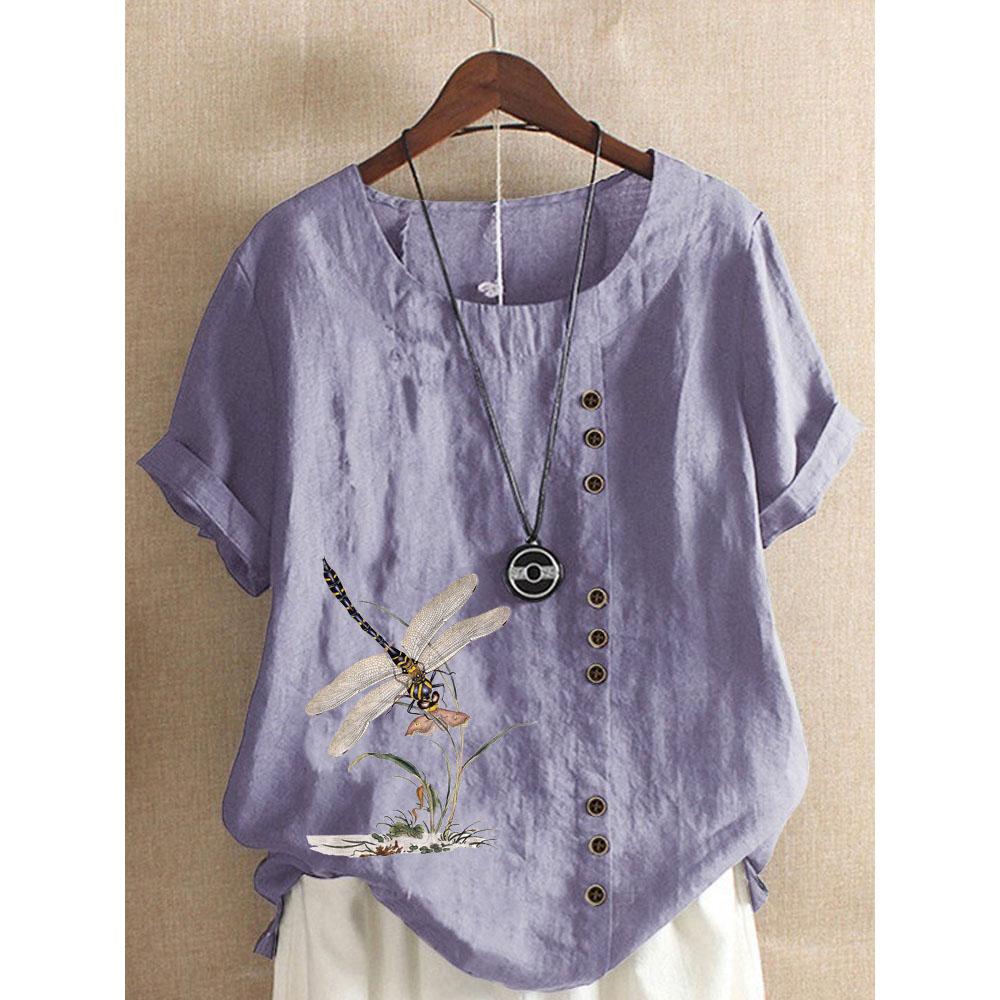 Women's Summer Fashion Casual Linen Shirt Round Neck Printing T-shirt Short Sleeve Tops Loose Blouse XS-5XL