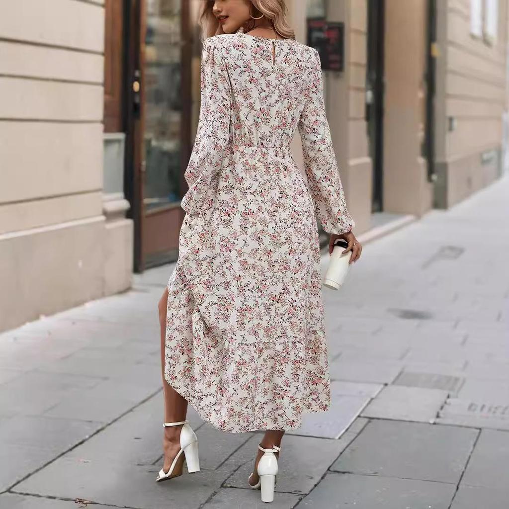 Женское весеннее платье с длинным рукавом и цветочным принтом, О-образным вырезом, летнее повседневное платье А-силуэта длиной до щиколотки, эластичное, с высокой талией, свободное платье